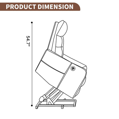 Line drawing of a power lift chair with dimensions labeled on a white background