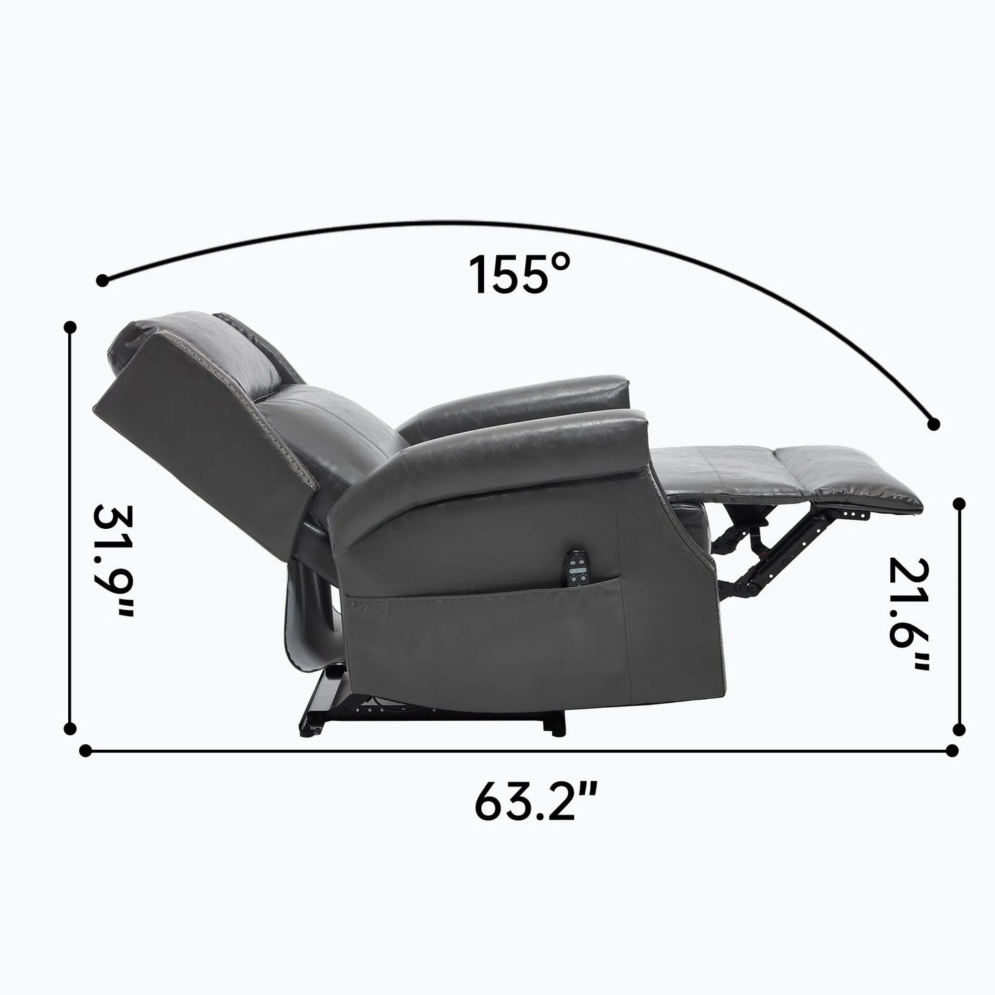 Gray recliner chair with dimensions labeled on a white background