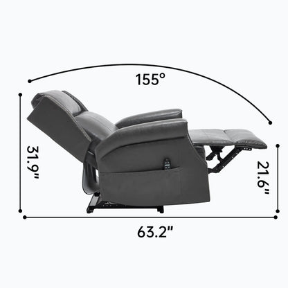 Gray recliner chair with dimensions labeled on a white background
