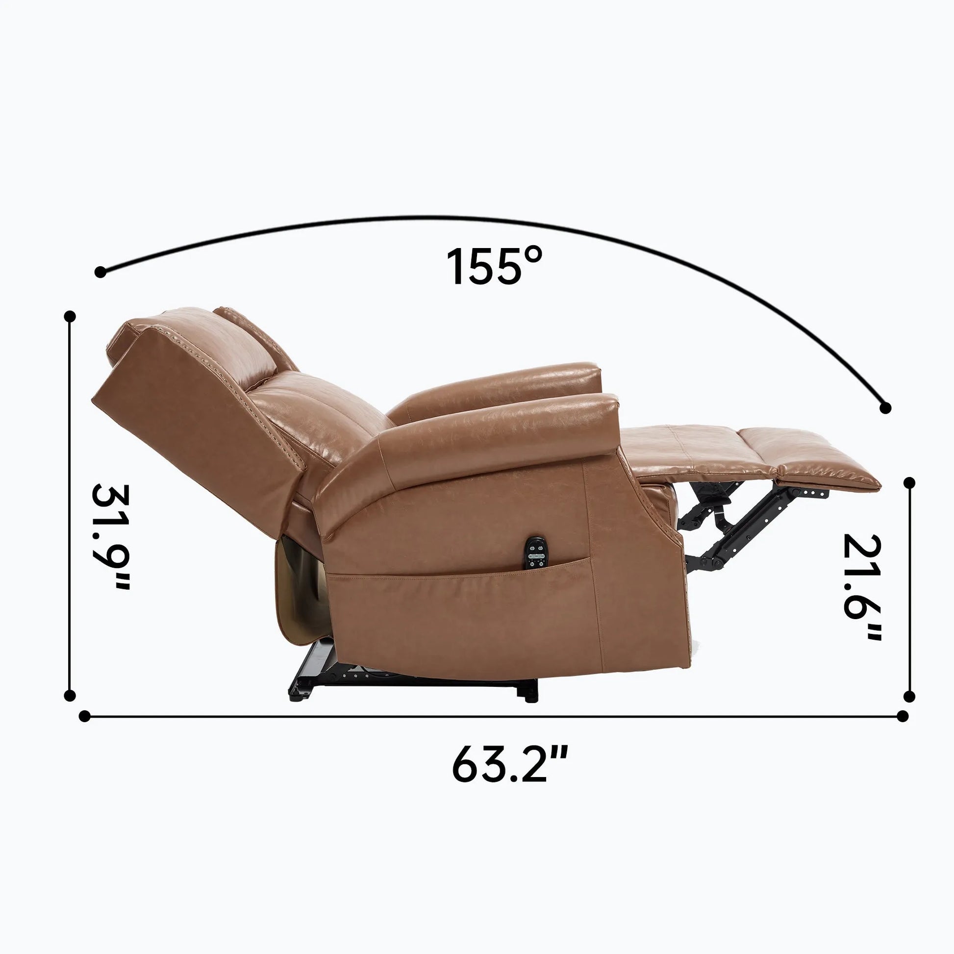 Brown recliner chair fully extended with dimensions labeled on a white background
