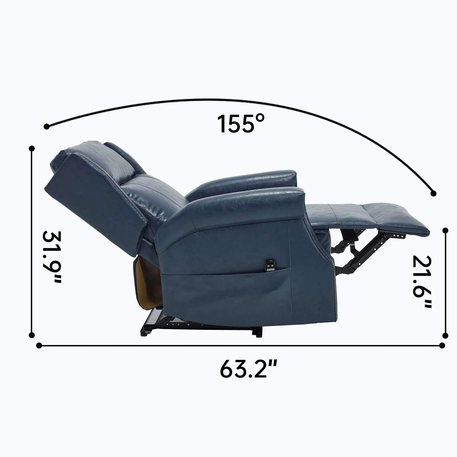 Blue recliner chair fully reclined with dimensions labeled on a white background