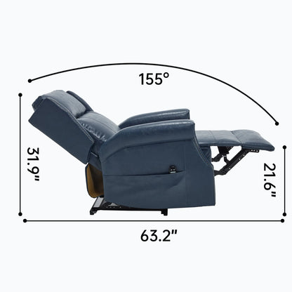 Blue recliner chair fully reclined with dimensions labeled on a white background