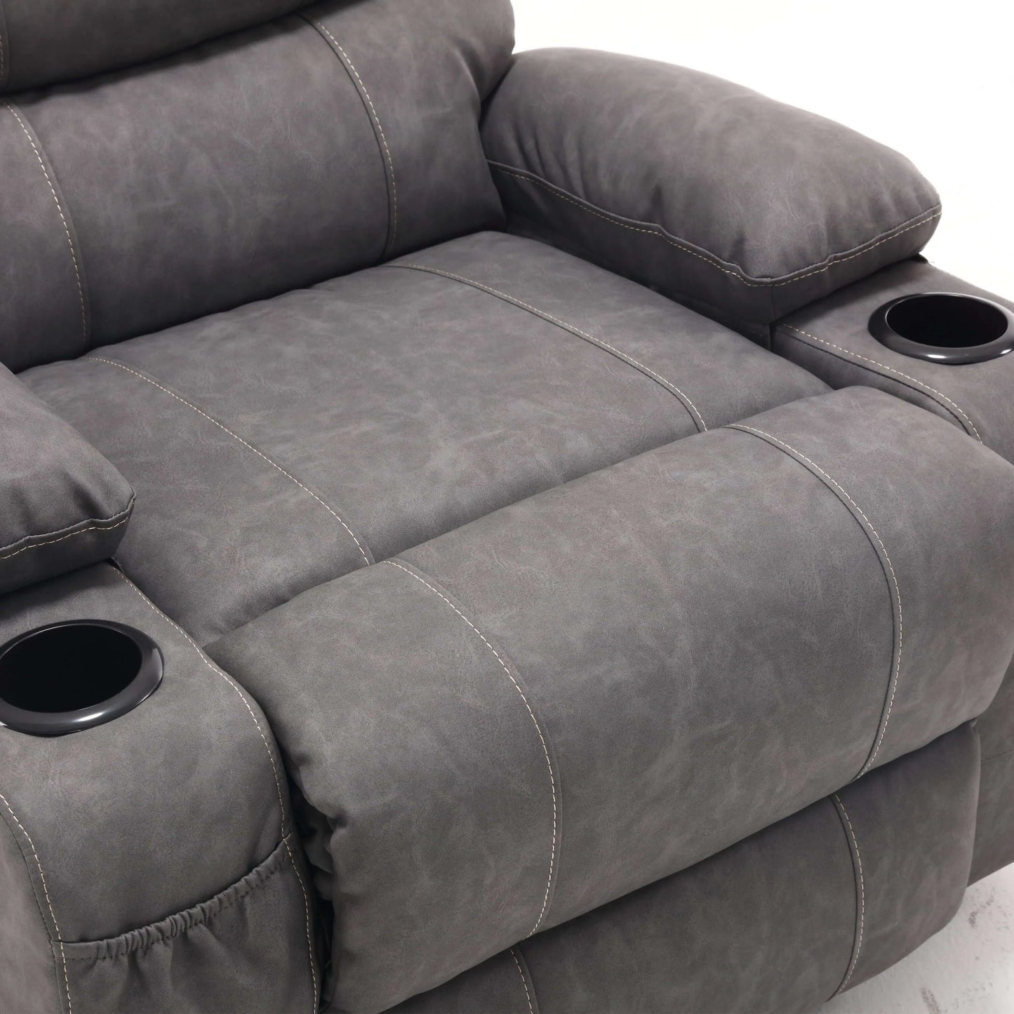 Gray faux leather power lift recliner chair plush seat cushion with detailed stitching and cup holders on a white background