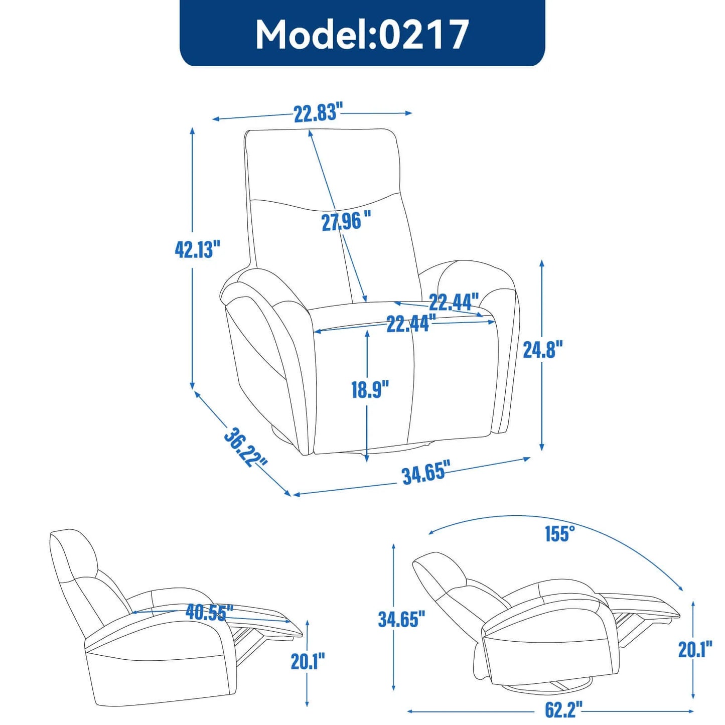 Recliner chair with dimensions labeled on a white background