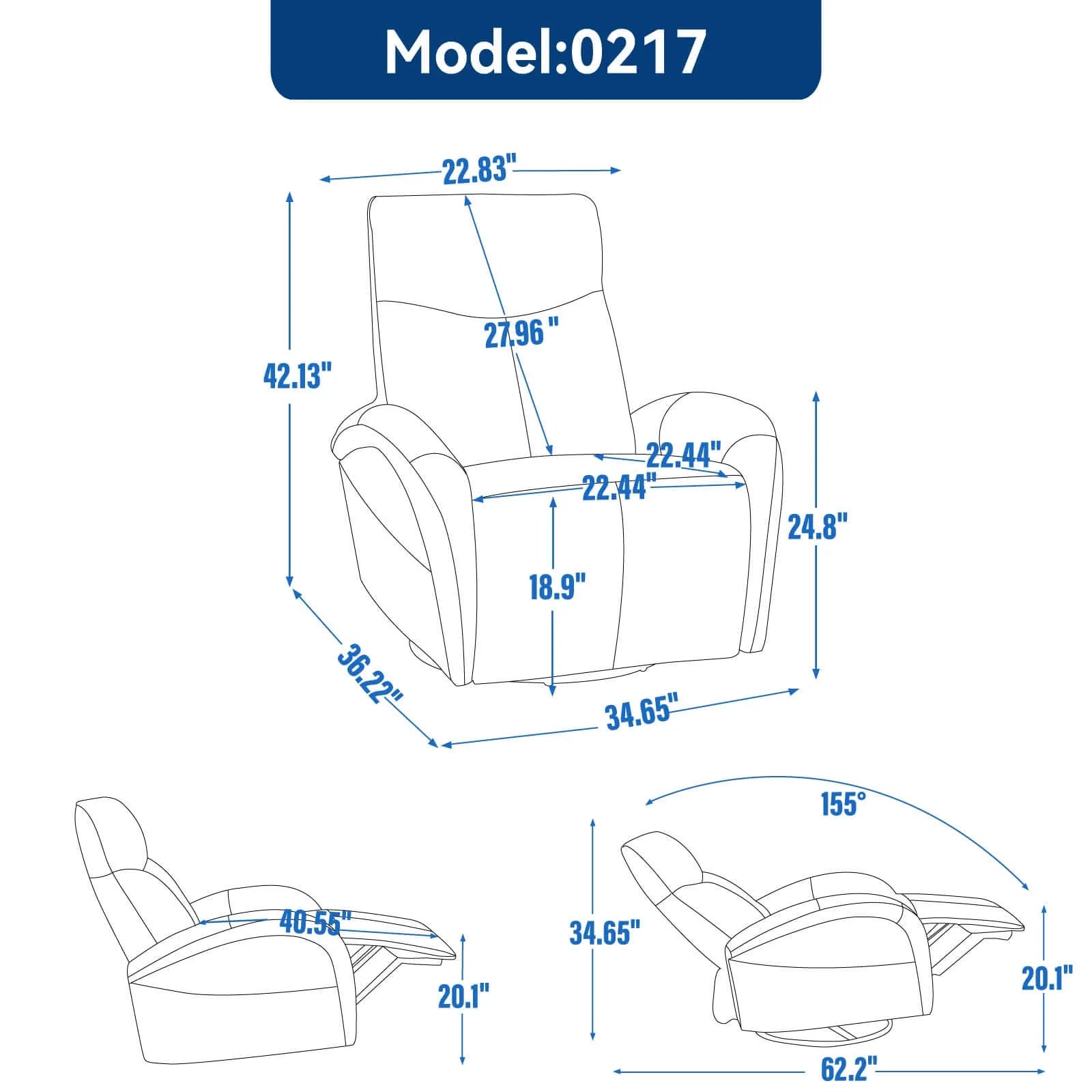 Recliner chair with dimensions labeled on a white background