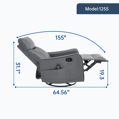 Fully reclined gray recliner chair with dimensions labeled on a white background