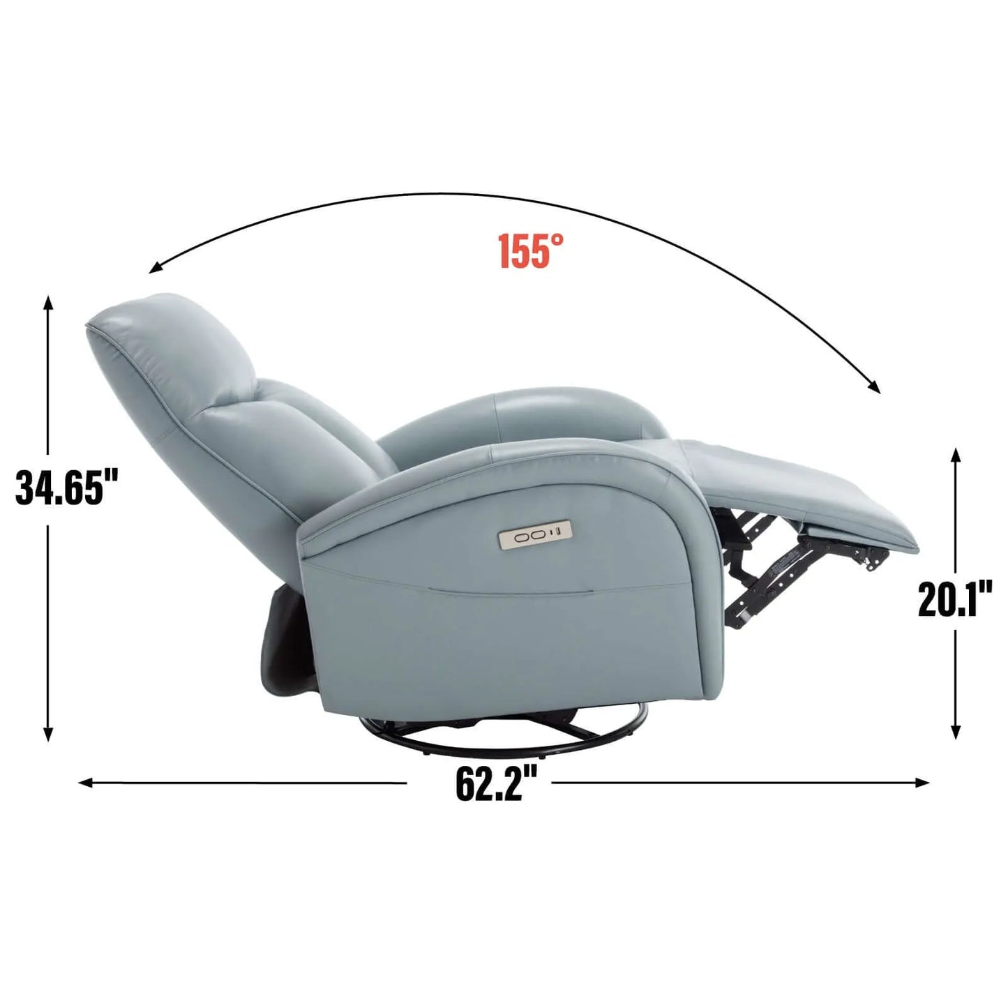 Fully extended blue recliner chair with dimensions labeled on a white background