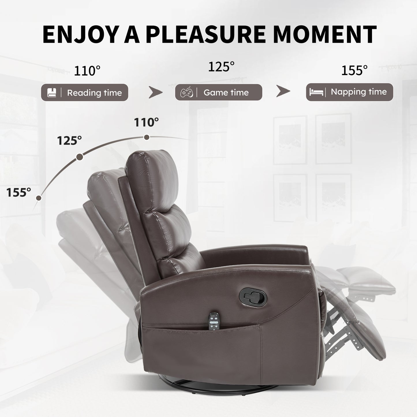 Massage chair with adjustable angles for reading, gaming, and napping on a white background