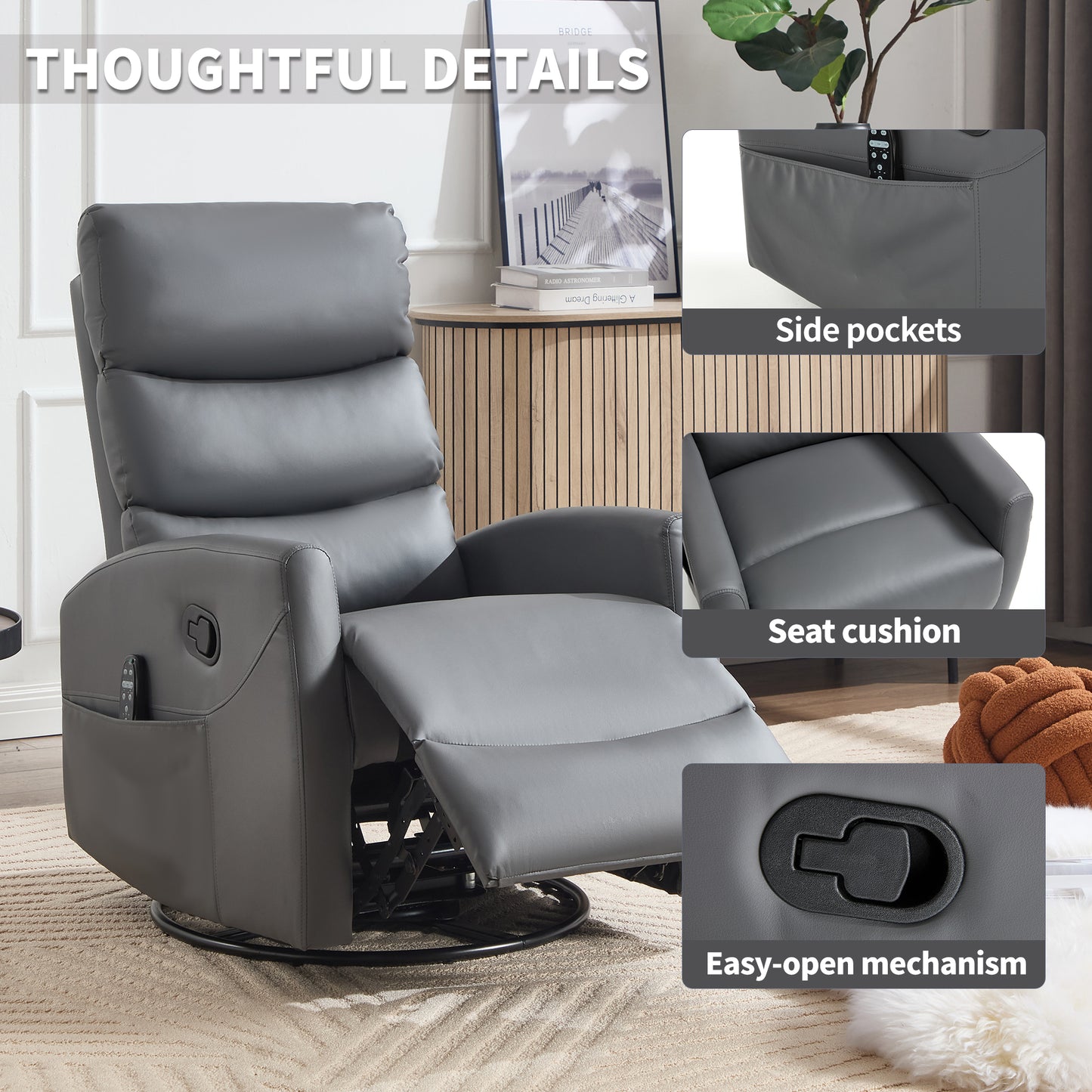 Gray recliner chair with side pockets, seat cushion, and easy-open mechanism highlighted.