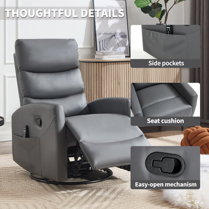 Gray recliner chair with side pockets, seat cushion, and easy-open mechanism highlighted.
