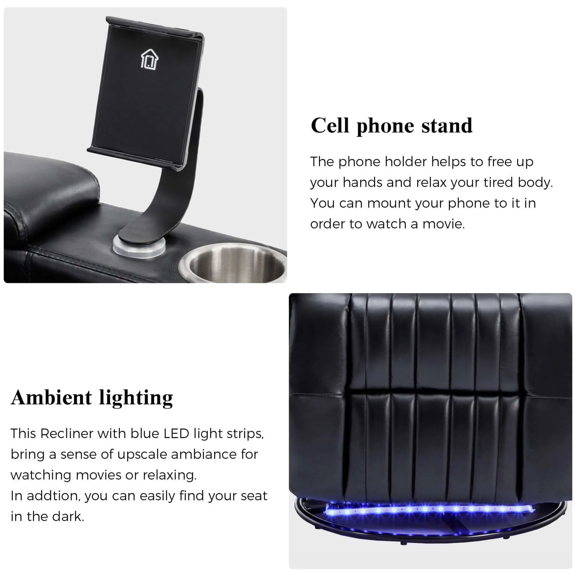 Black recliner chair with blue LED lights and phone holder on a white background