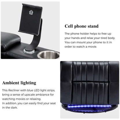 Black recliner chair with blue LED lights and phone holder on a white background