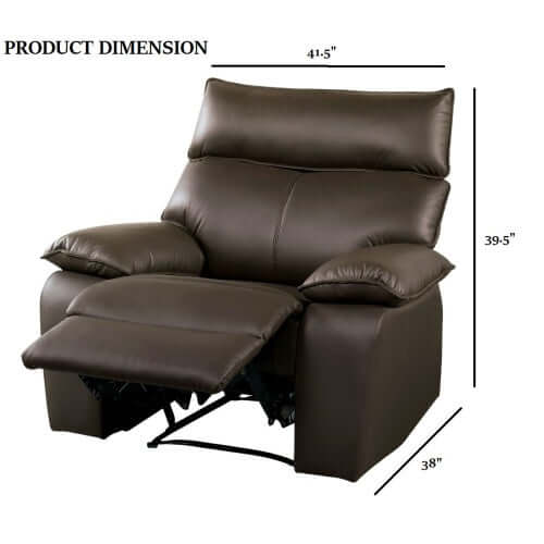 Brown faux leather recliner chair with dimensions on a white background