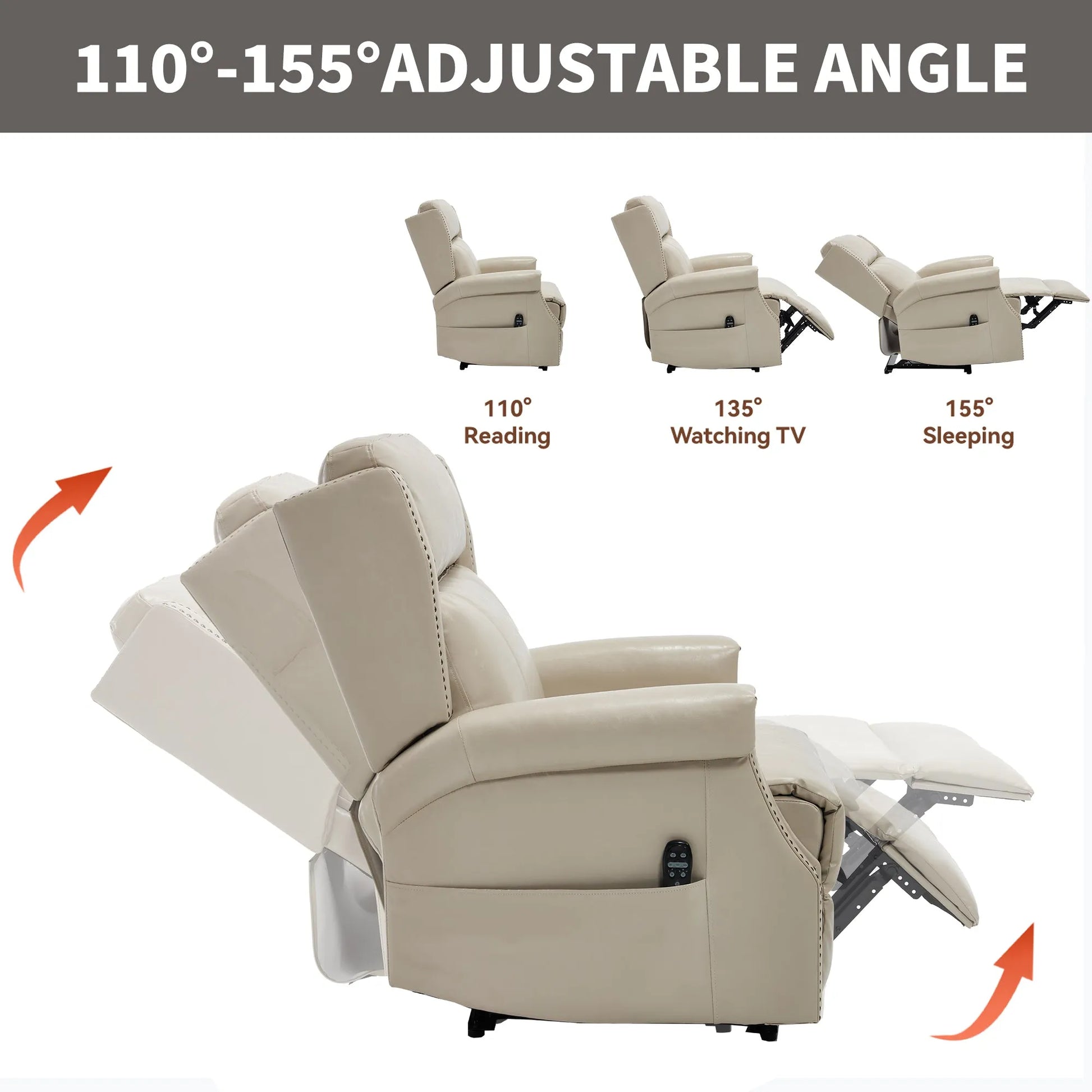 Beige recliner chair with adjustable angles for reading, watching TV, and sleeping on a white background.