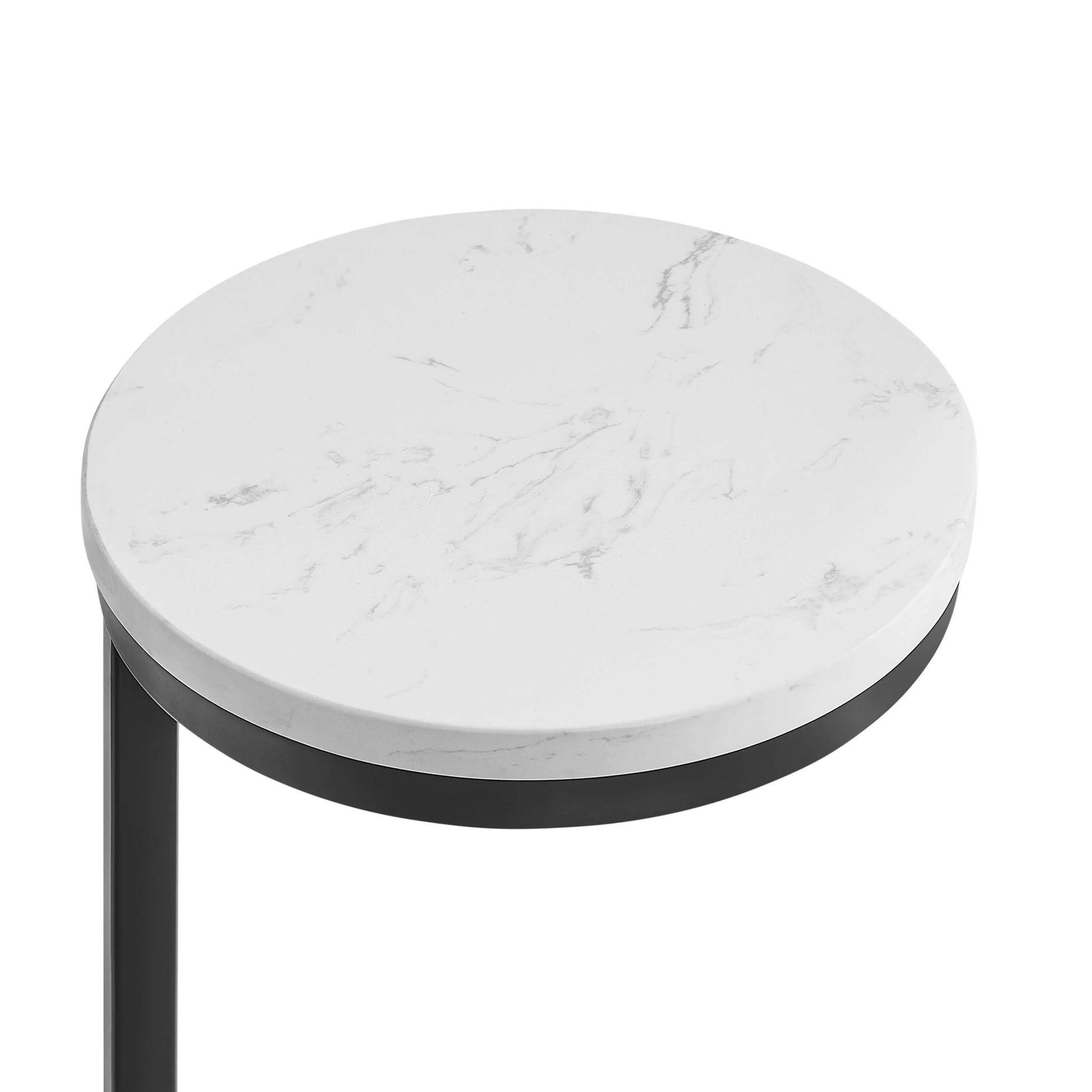 Round accent table with marble top and antique brass base on a white background