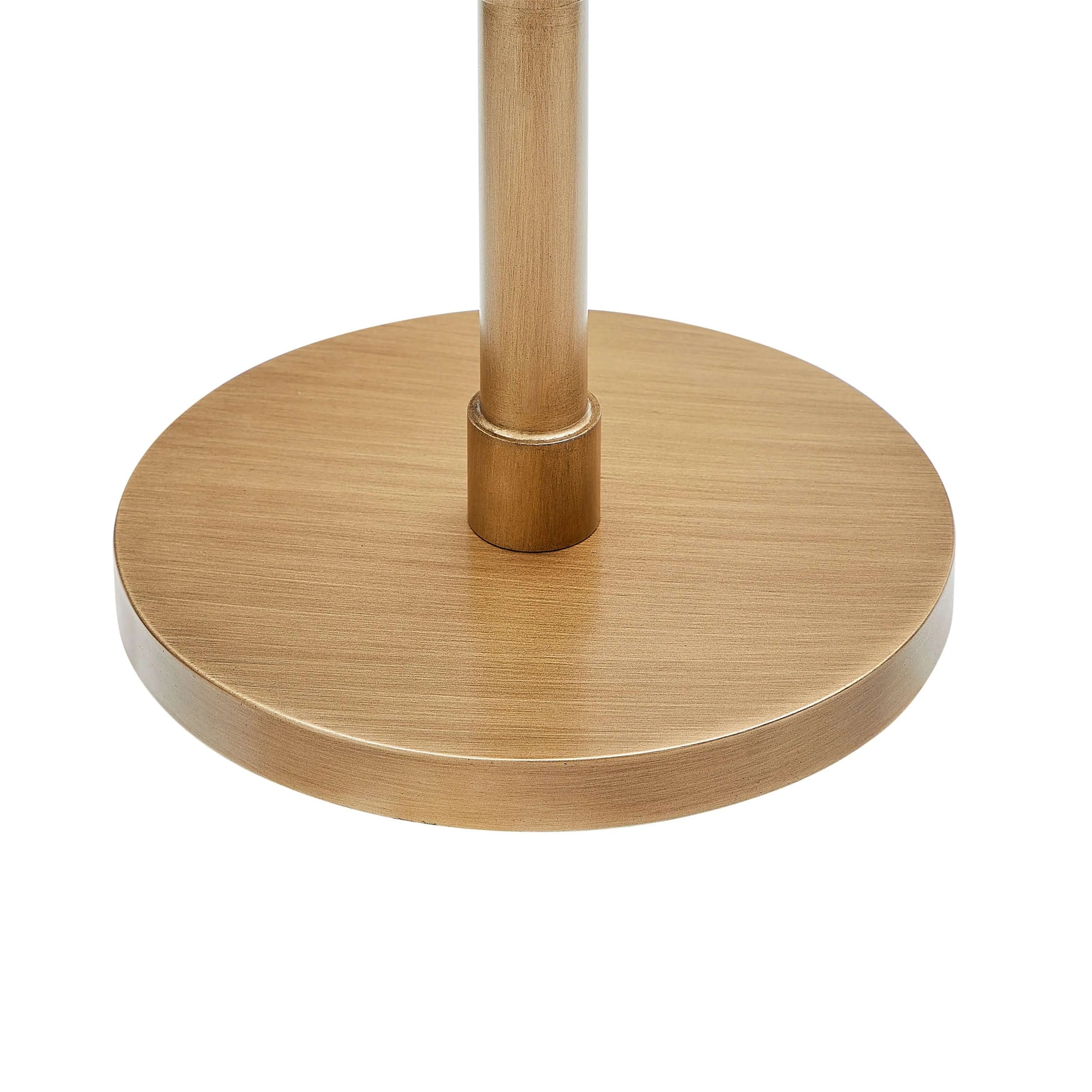 Antique brass end table base with cylindrical rod on a white background