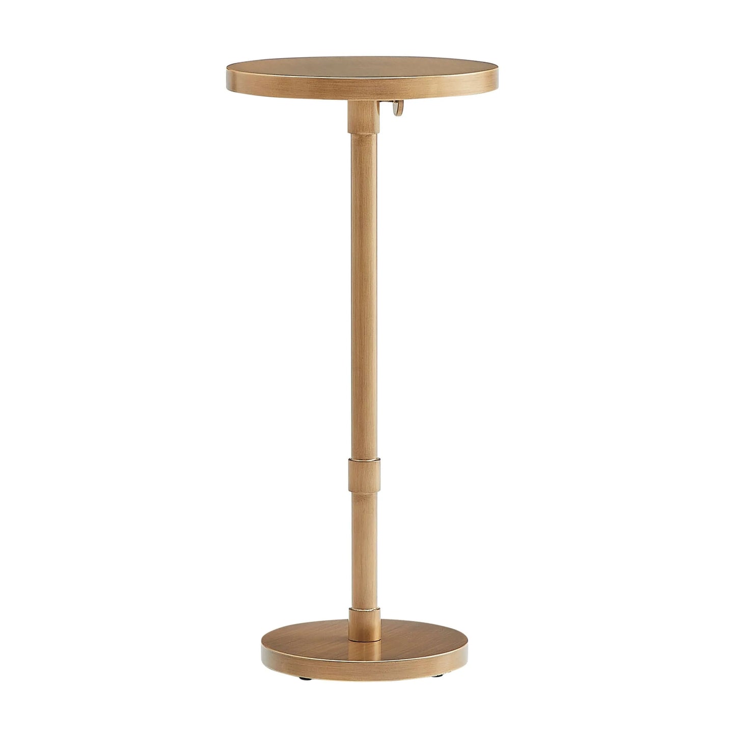 Antique brass accent table with a round top and base on a white background