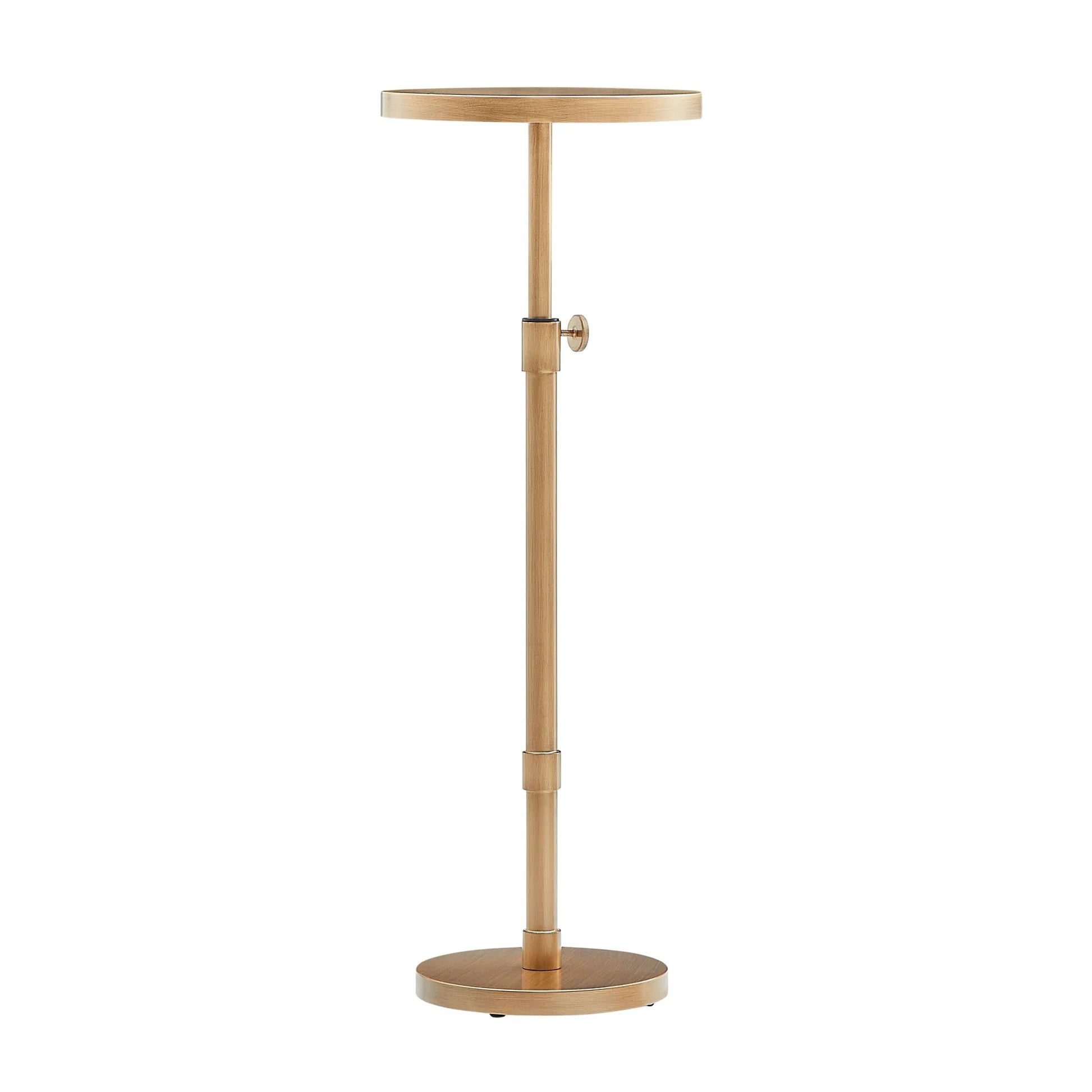 Antique brass end table with adjustable stand on a white background