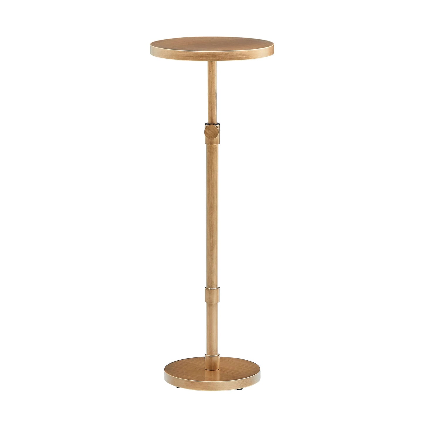 Antique brass end table adjustable stand with round base and top on a white background