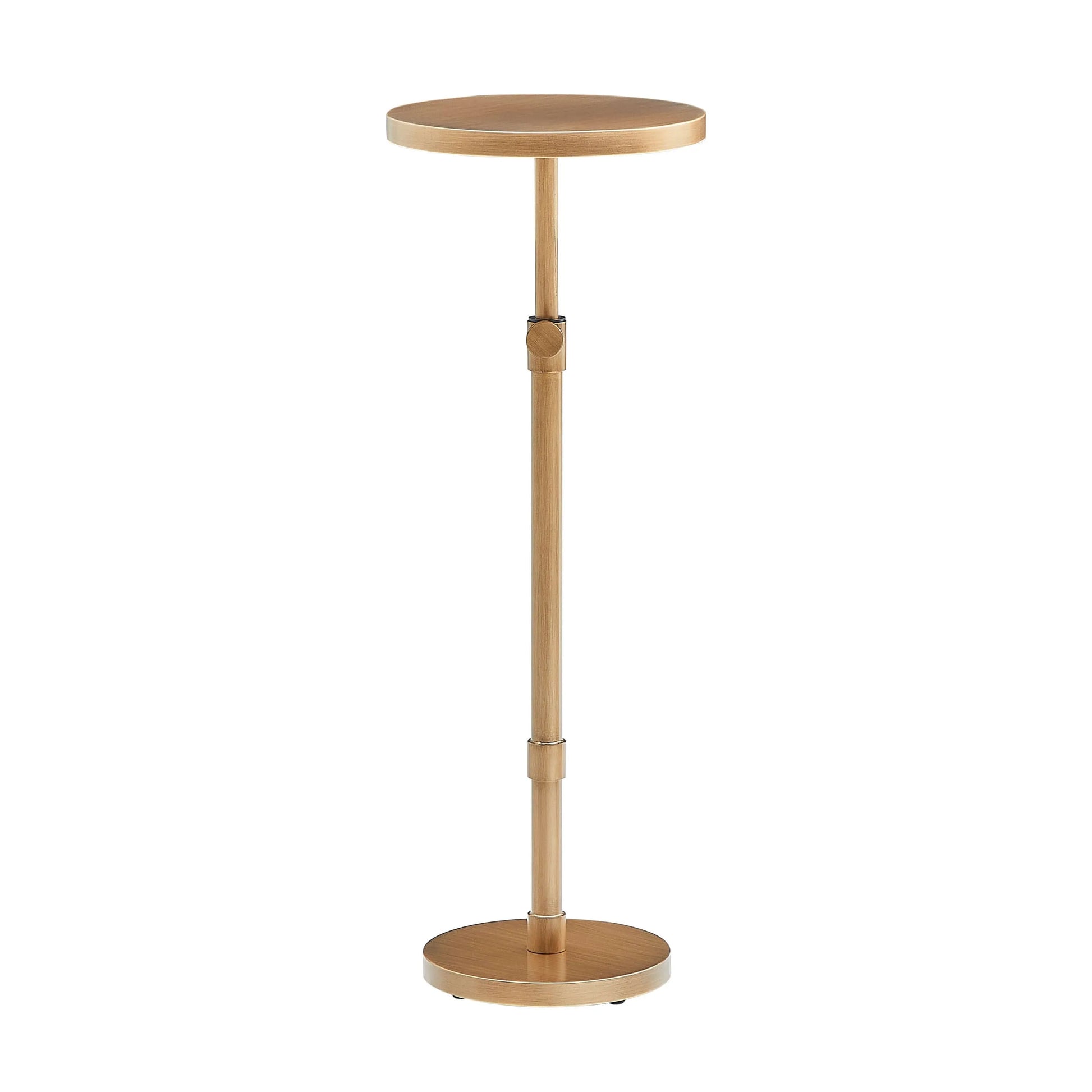 Antique brass end table adjustable stand with round base and top on a white background