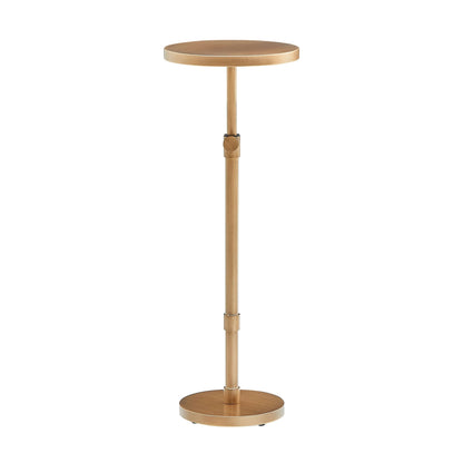 Antique brass end table adjustable stand with round base and top on a white background