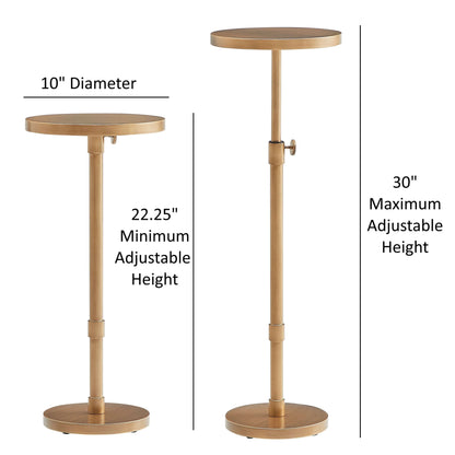 Antique brass end table showing adjustable height stand with dimensions labeled on a white background