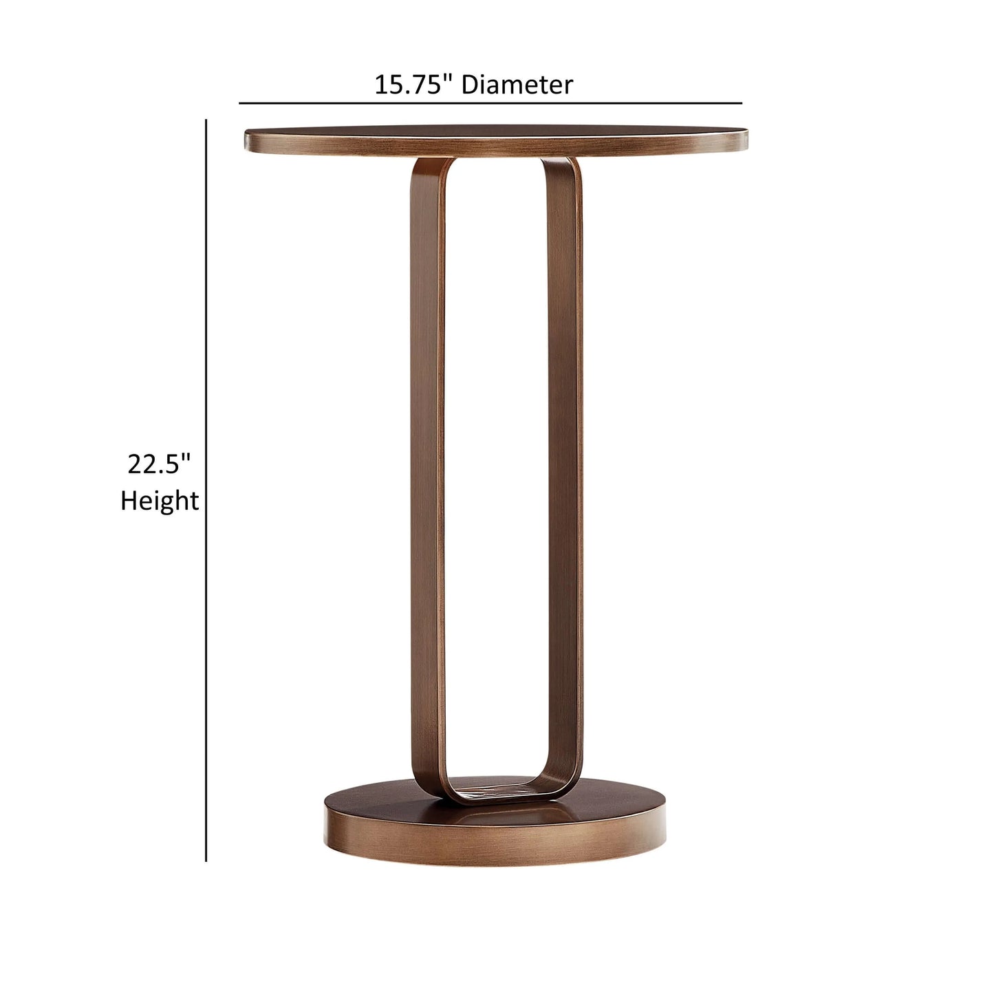 Bronze end table with dimensions labeled on a white background