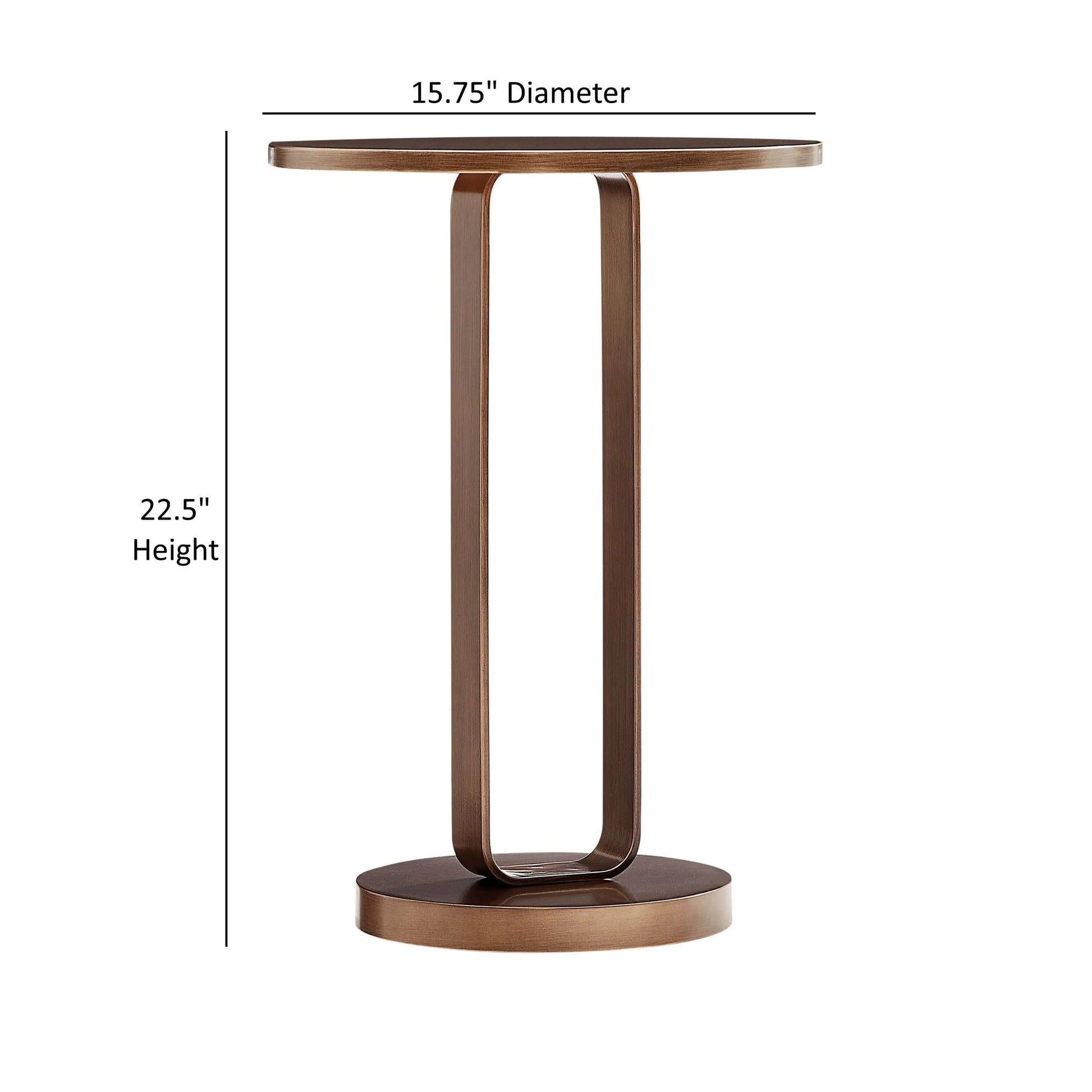 Bronze end table with dimensions labeled on a white background