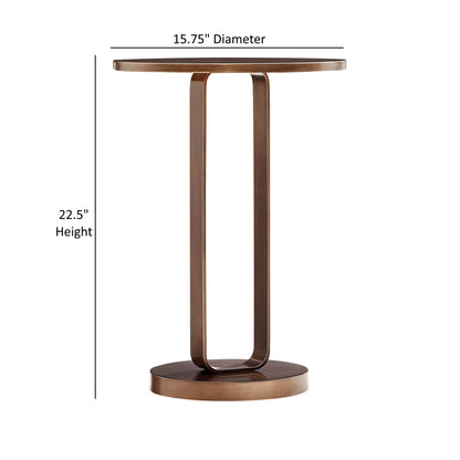 Bronze end table with dimensions labeled on a white background