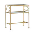 Gold metal end table with glass top on a white background