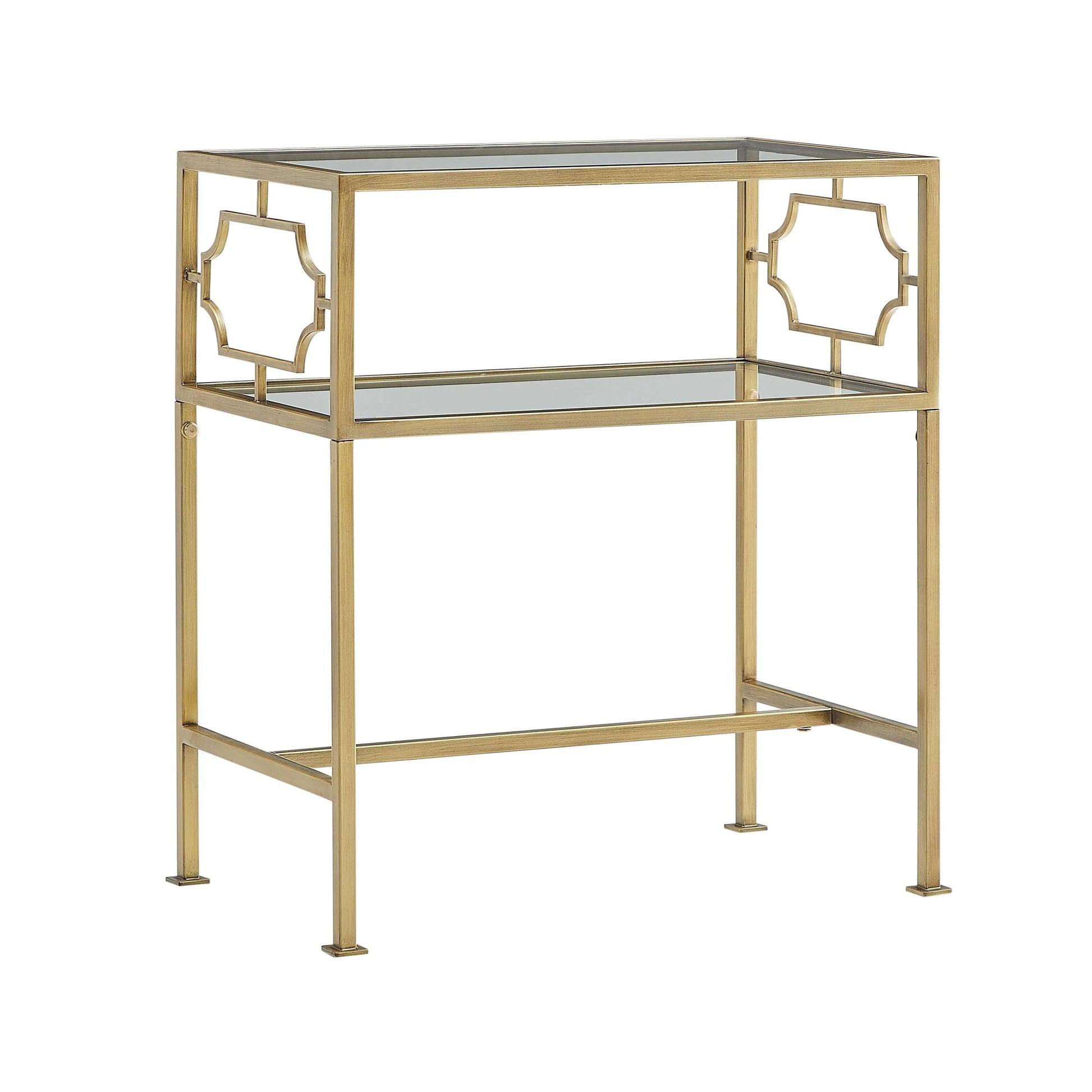 Gold metal end table with glass top on a white background