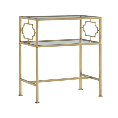 Gold metal end table with glass top on a white background