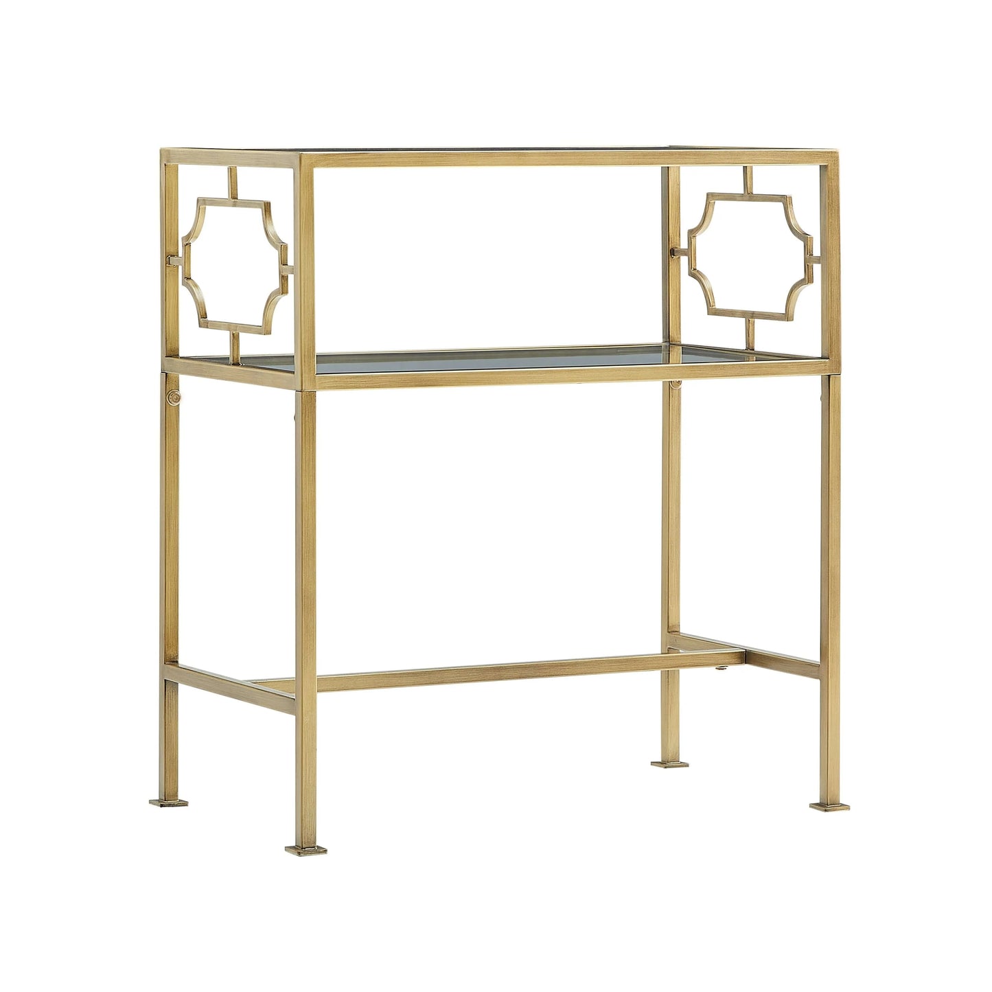 Gold metal accent table with decorative elements on a white background