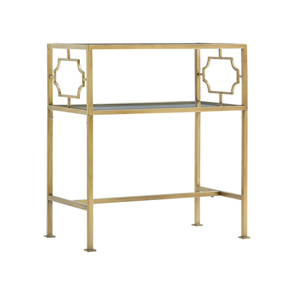 Gold metal accent table with decorative elements on a white background