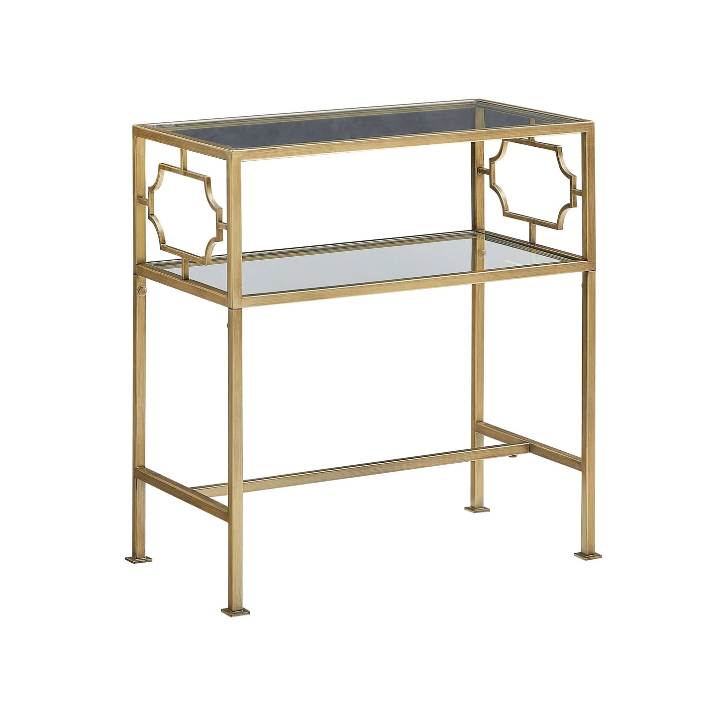 Two-tiered end table with gold frame and glass shelves on a white background