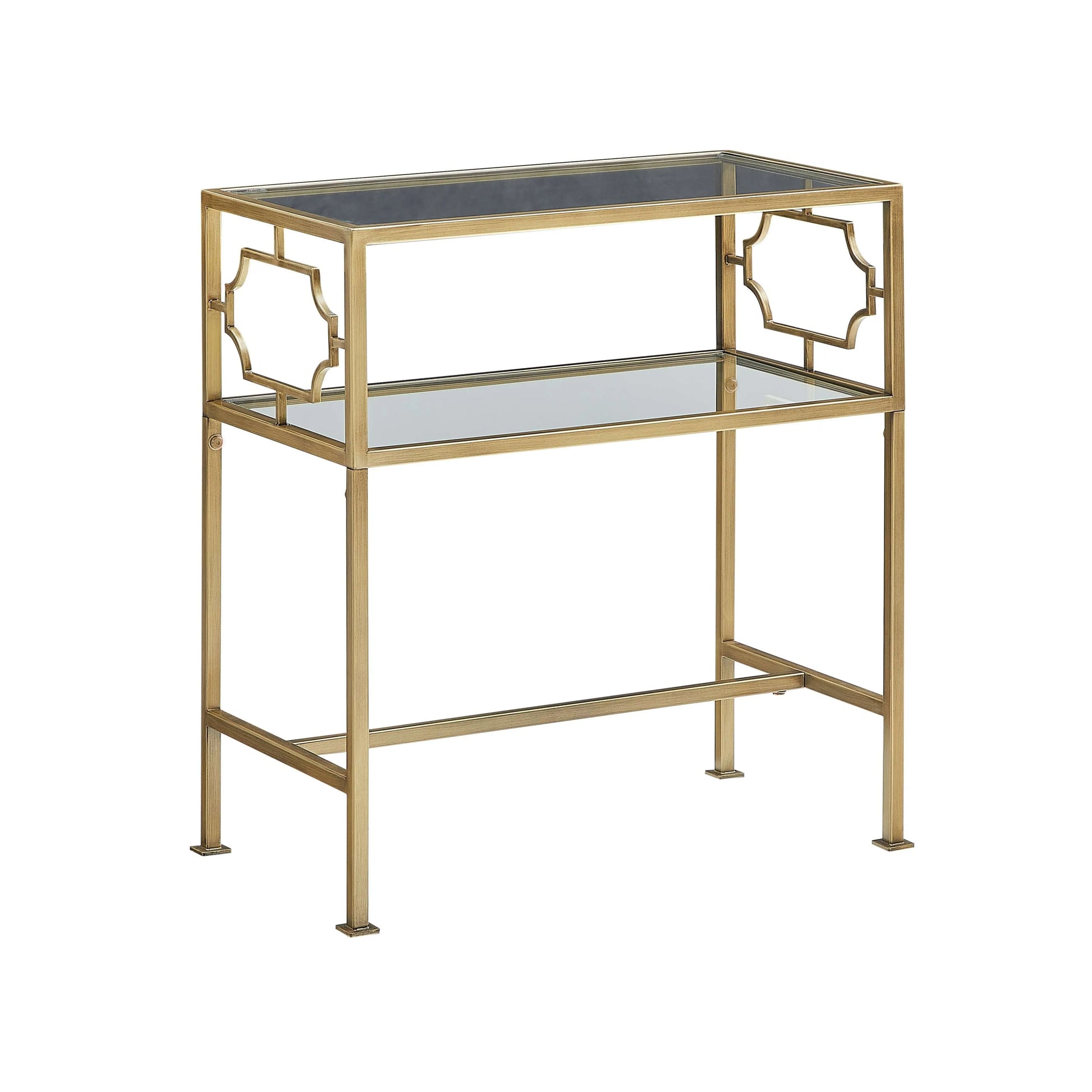 Two-tiered end table with gold frame and glass shelves on a white background