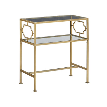 Two-tiered end table with gold frame and glass shelves on a white background