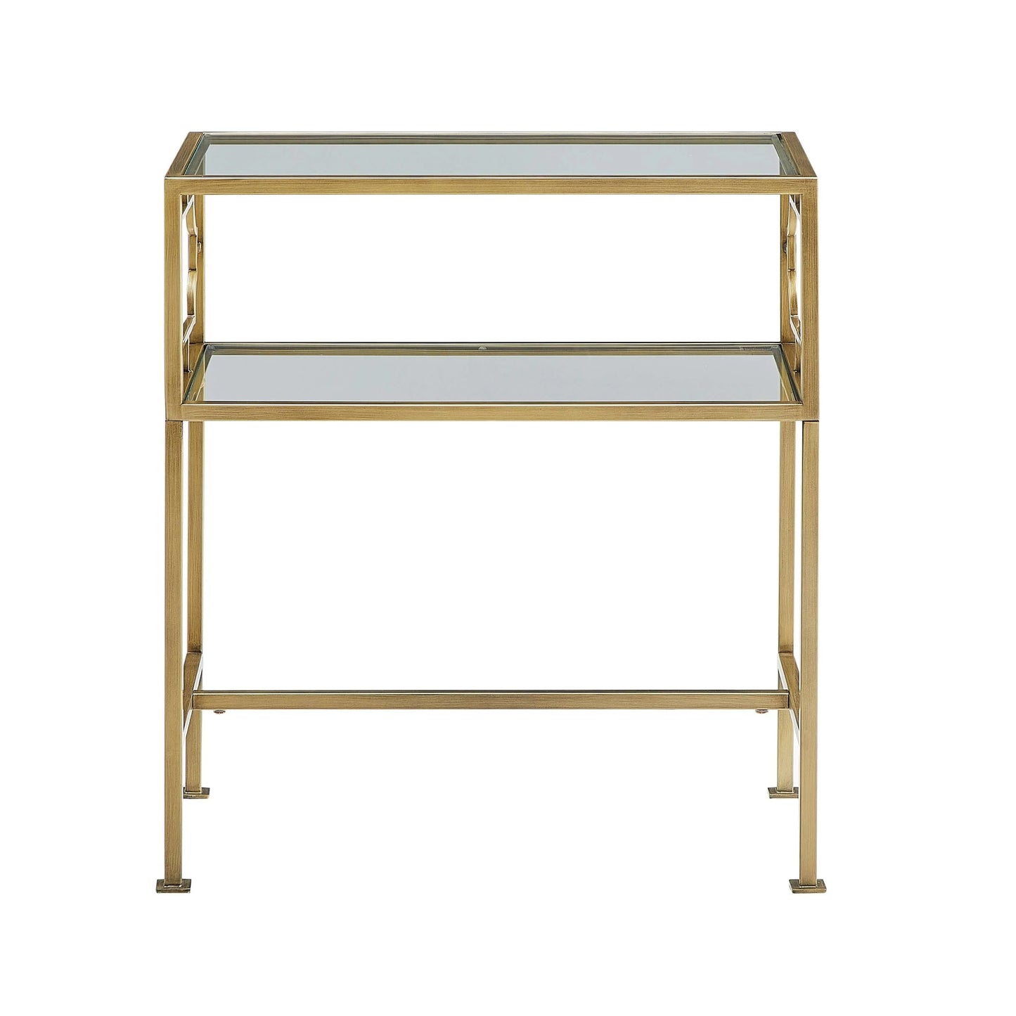 Gold-framed two-tiered accent table with glass shelves on a white background
