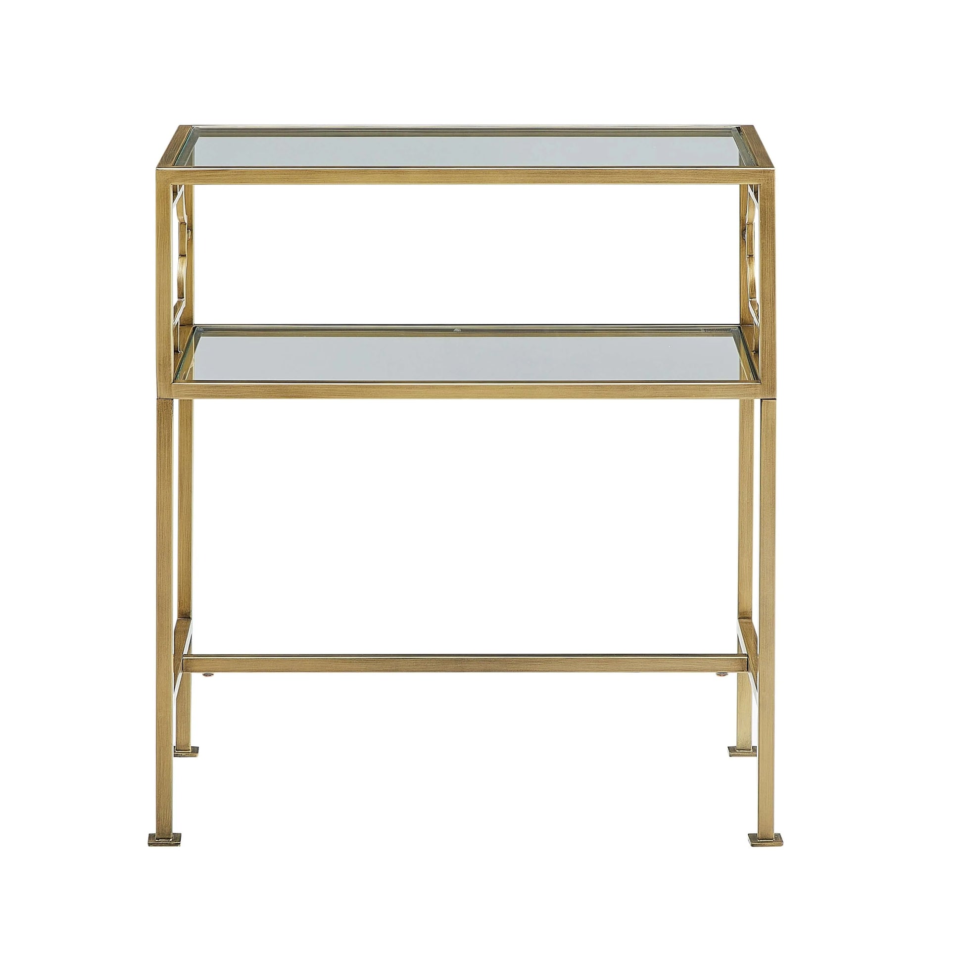 Gold-framed two-tiered accent table with glass shelves on a white background