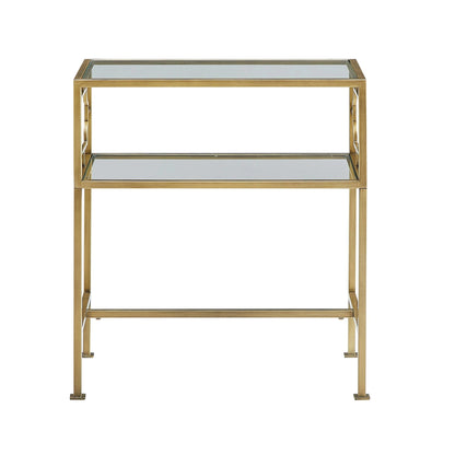 Gold-framed two-tiered accent table with glass shelves on a white background