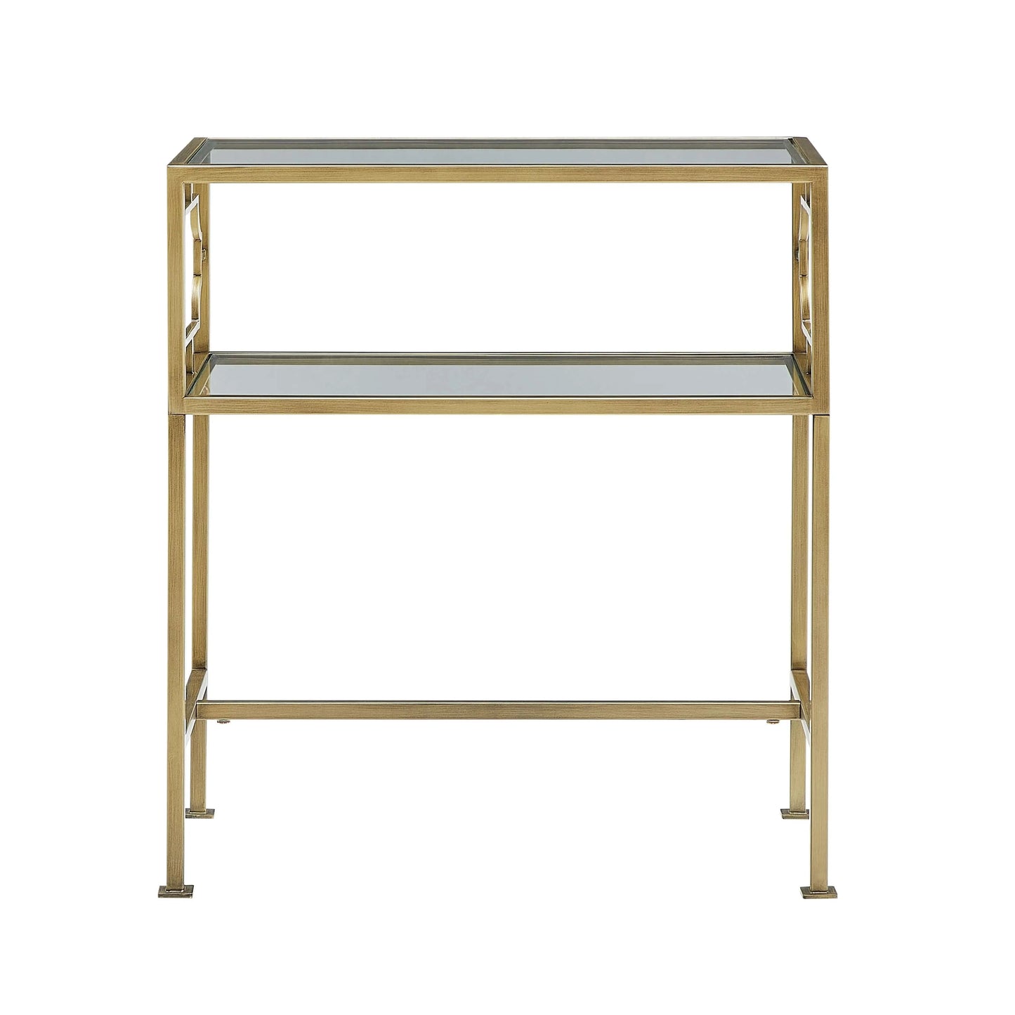 Two-tiered metal end table with glass shelves on a white background