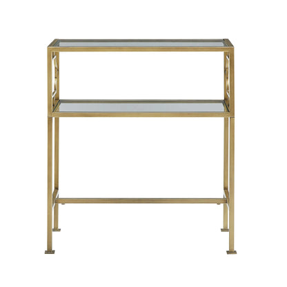 Two-tiered metal end table with glass shelves on a white background