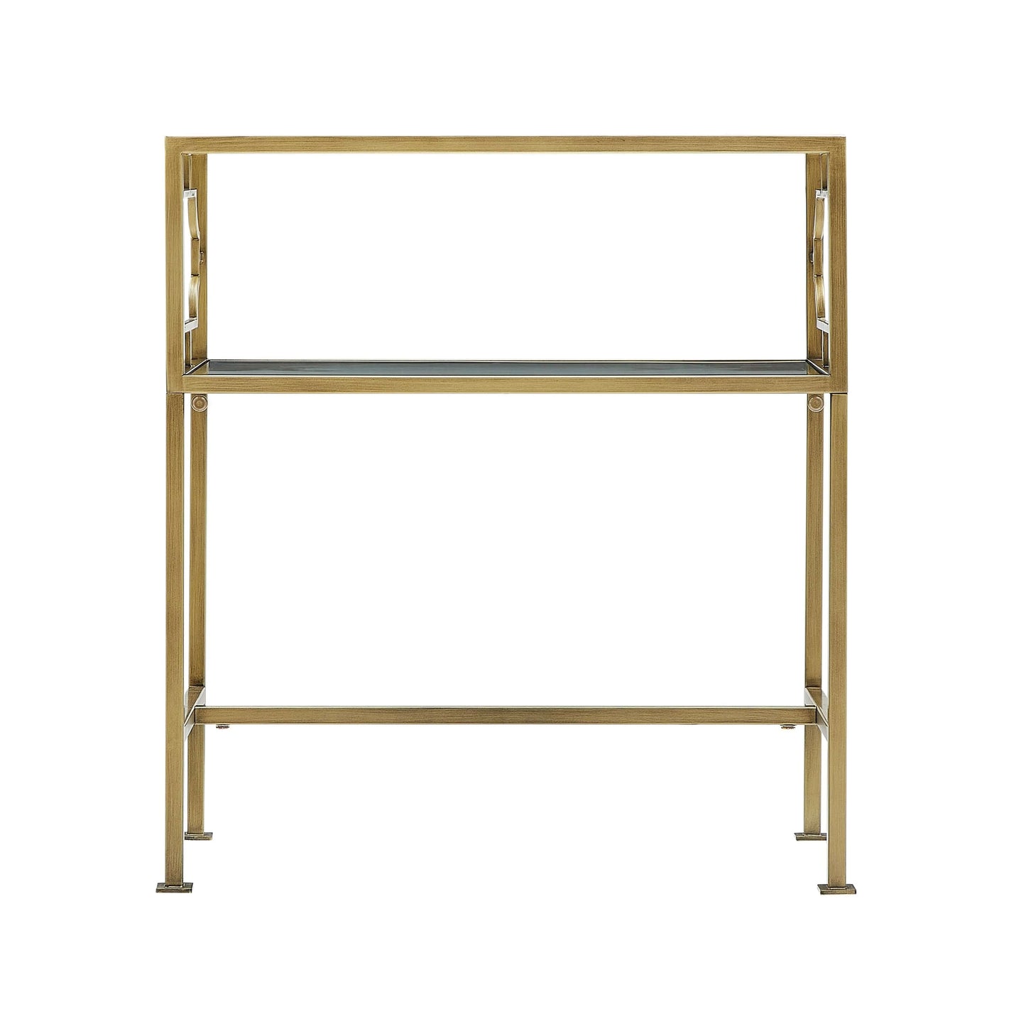 Gold metal display stand with glass shelves on a white background