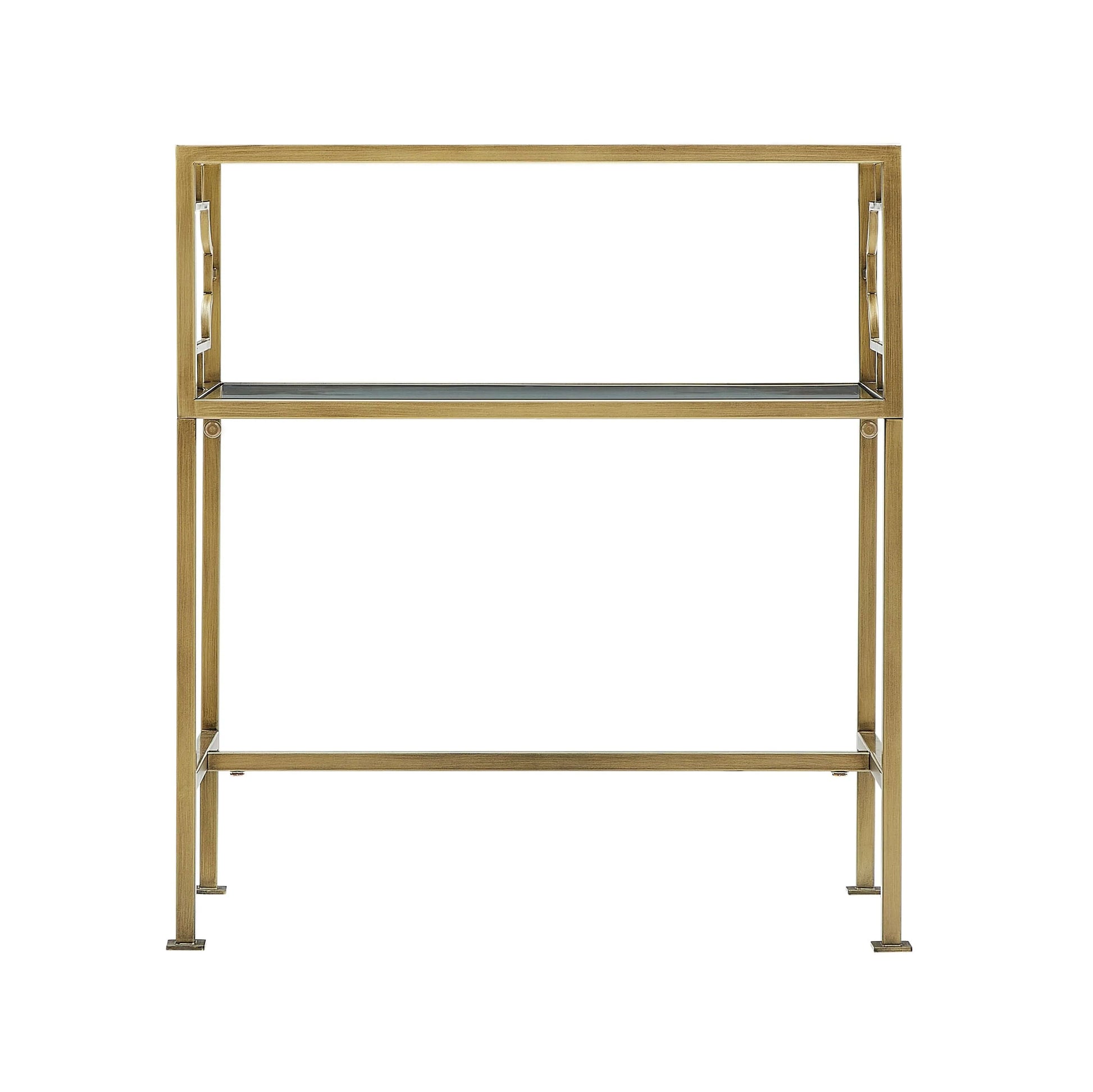 Gold metal display stand with glass shelves on a white background