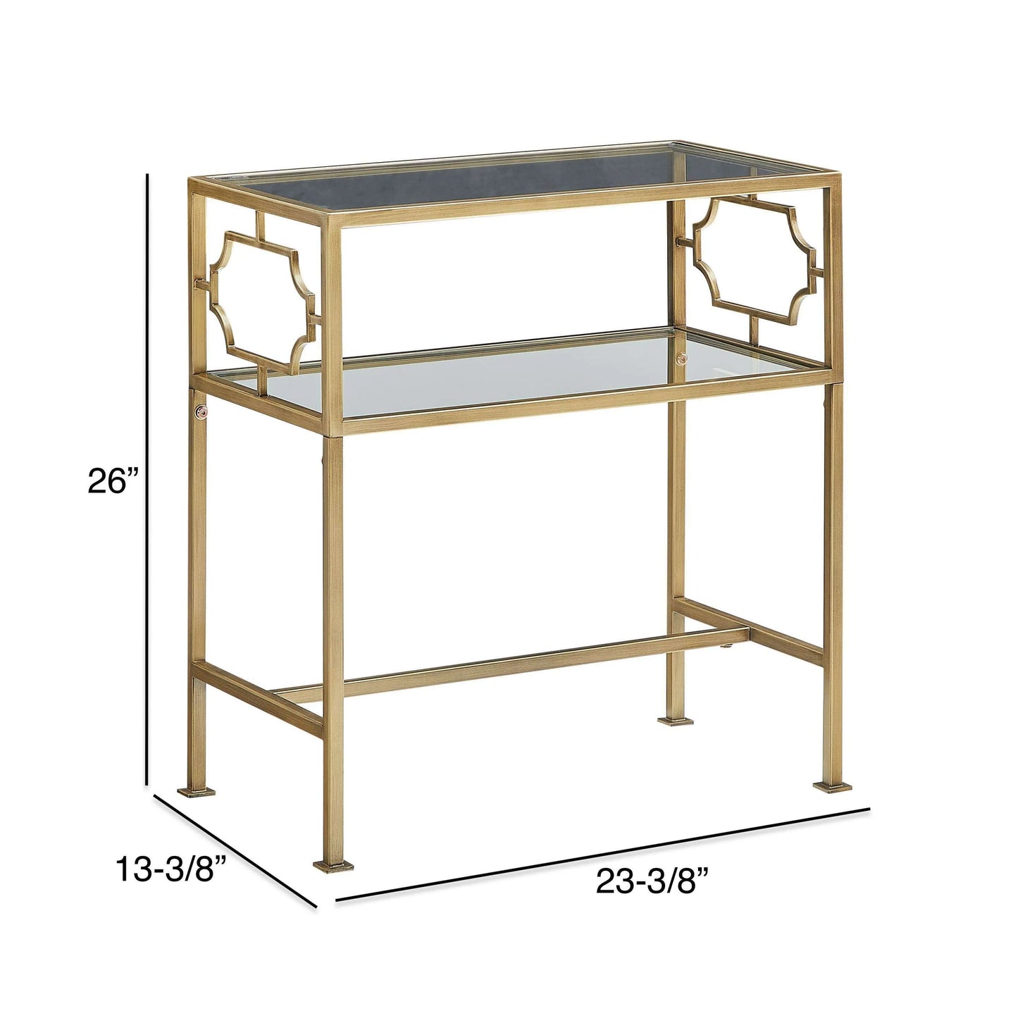 Gold metal end table with glass shelves and dimensions on a white background