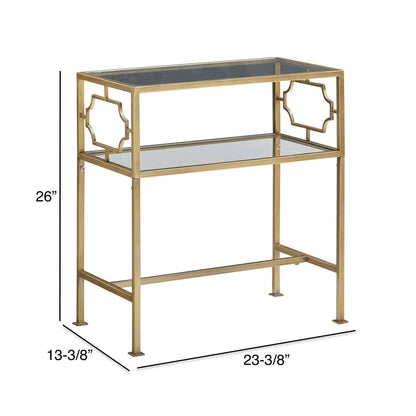 Gold metal end table with glass shelves and dimensions on a white background