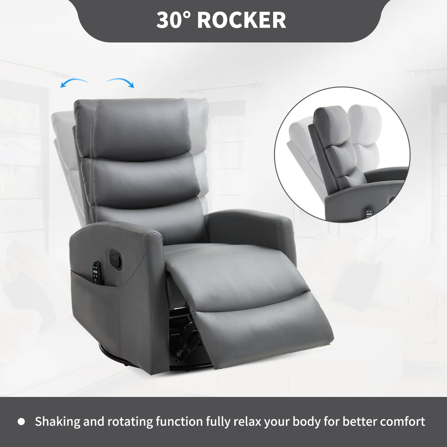 Gray recliner chair with 30° rocker feature on a white background