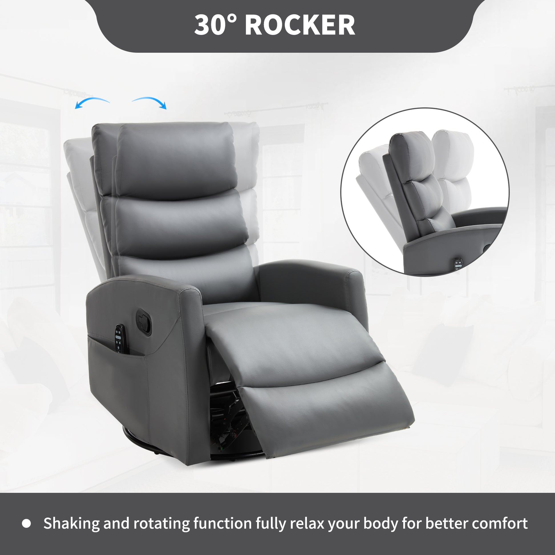 Gray recliner chair with 30° rocker feature on a white background