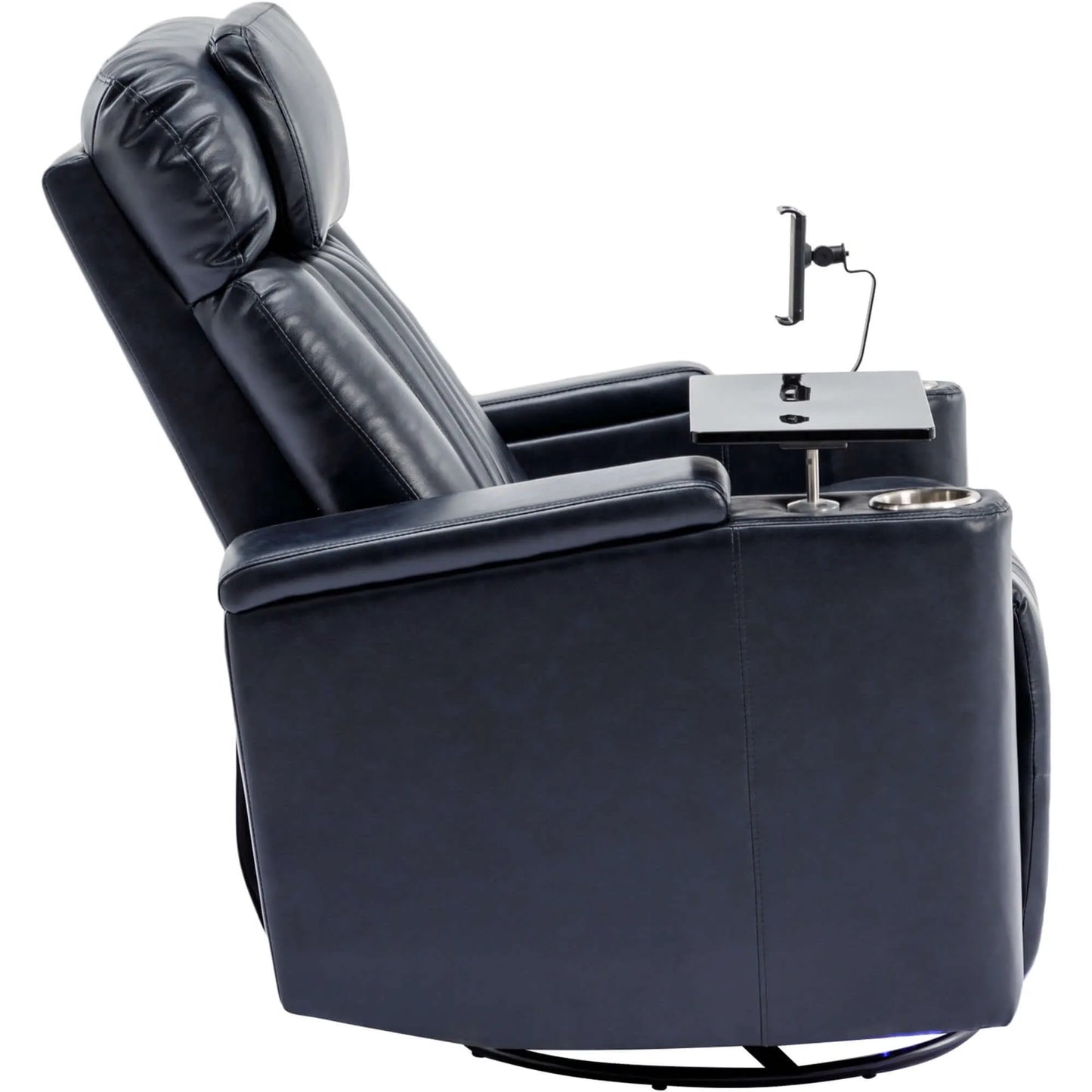 Side view of a blue leather recliner chair with cup holder and armrest on a white background
