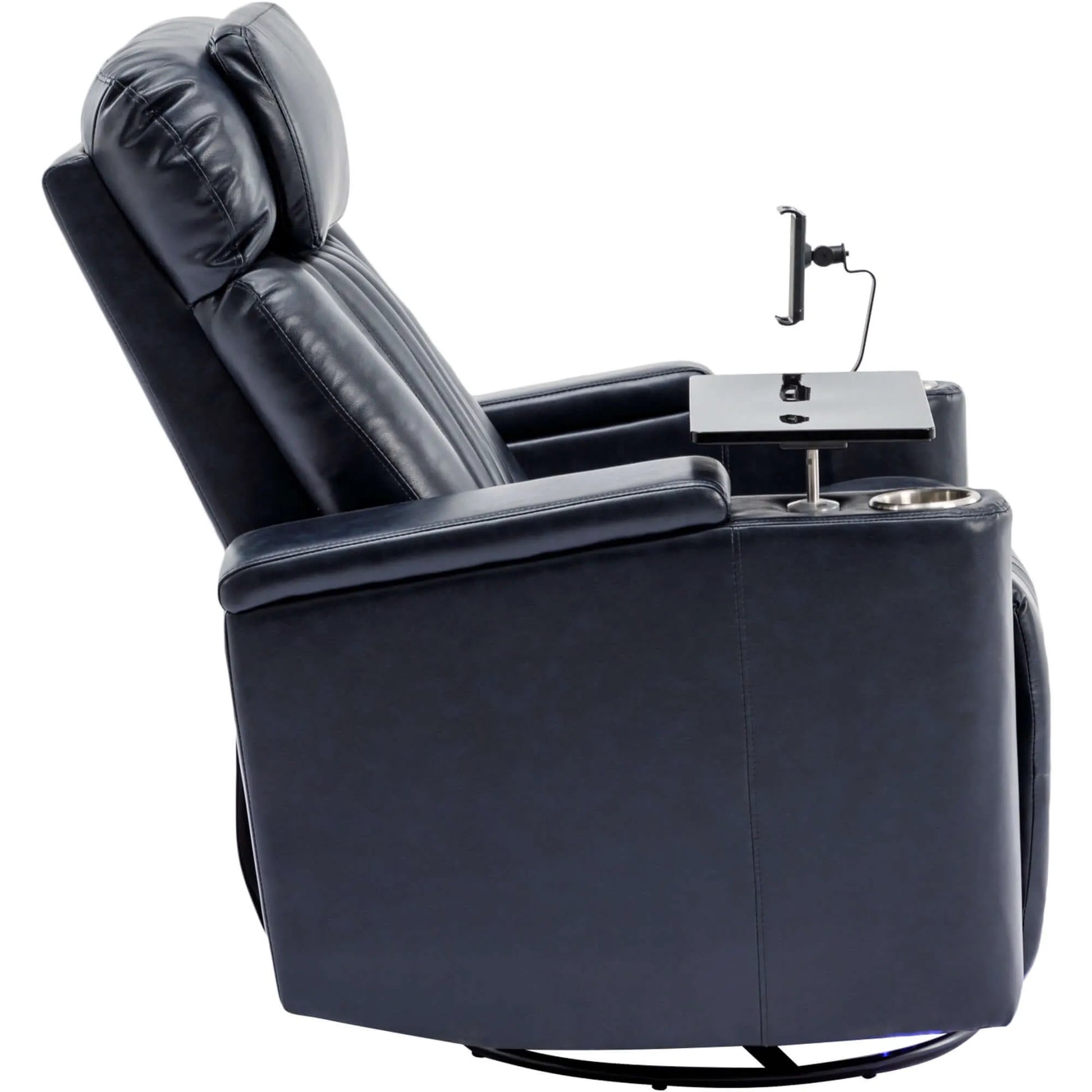 Side view of a blue leather recliner chair with cup holder and armrest on a white background